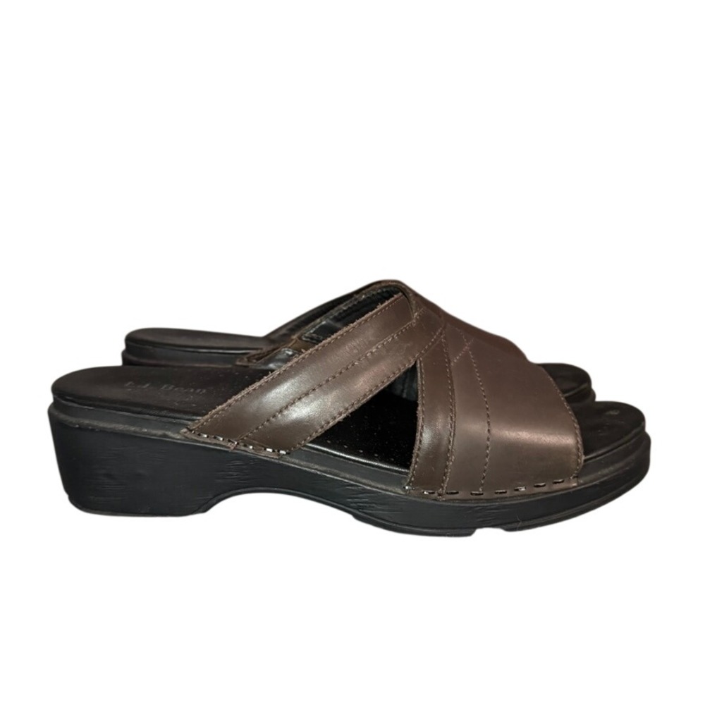 LL Bean Womens Brown Leather Wedge Slide Sandals Crisscross Straps 40 EU 9 US